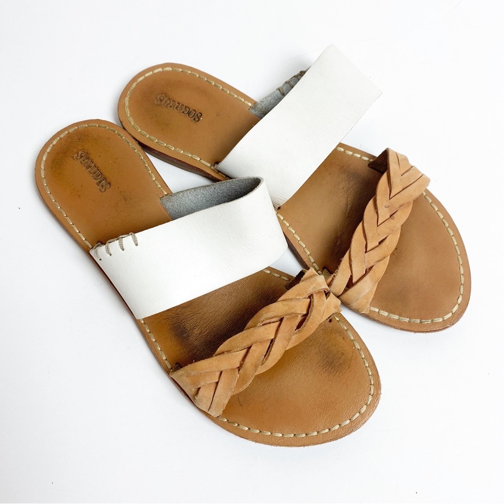 Soludos tan white leather strappy slide sandal Sz 8